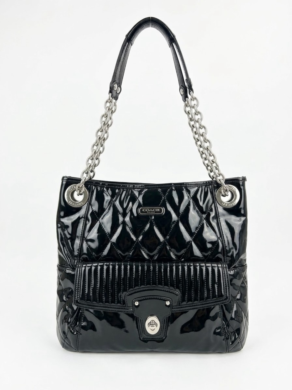 Coach Poppy Black Quilted Patent Leather Chain Tote Bag